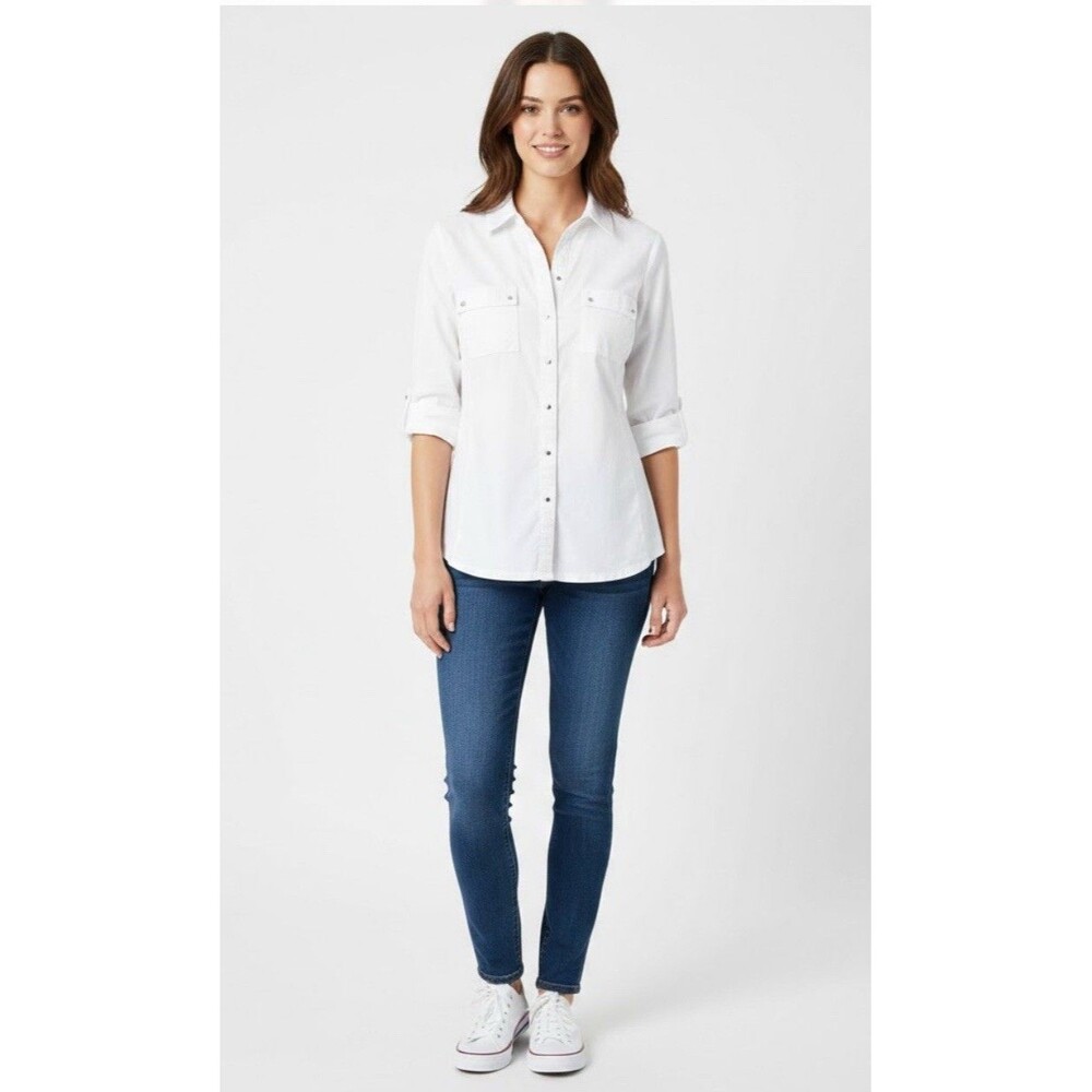 Zac & Rachel Womens Stretch Sleeve Button Up White Blouse Shirt size L office